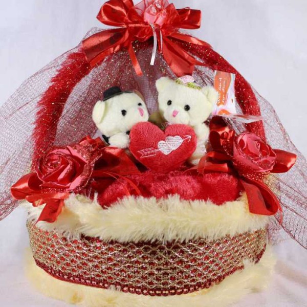 Special Red Decorated Heart Plush Cake Cushion with Love Couple Teddy Bears